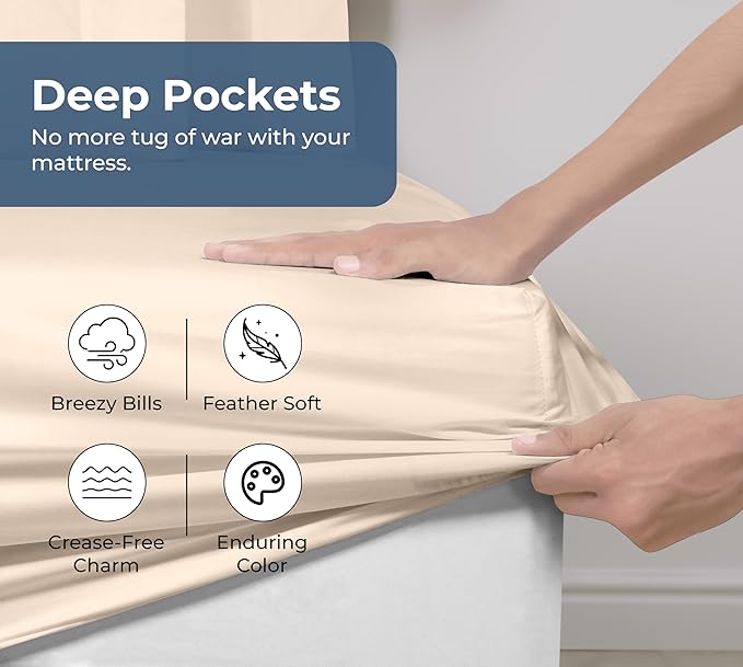 Royale Linens 100% Organic Cotton Fitted Sheet - Percale Weave - Super Soft Deep Pocket Bottom Sheets - Cream Elastic Sheet Queen Size - Queen Fitted Sheets Only - (60"x80"+15", Cream)