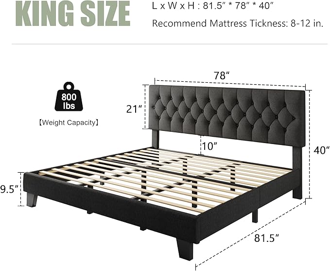 Feonase King Size Bed Frame, Upholstered Bed Platform with Button Tufted Headboard, Heavy Duty Wooden Slats & Thickened Feet, No Box Spring Needed, Noise-Free, Easy Assembly, Dark Grey