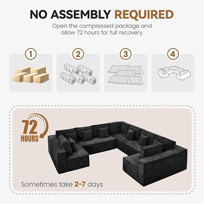 138'' Boneless Chenille U Shaped Couch, Oversized Modular Sectional 9 Seater Sofa, Modern Deep Seat Corner Cloud Compressed Couch, No Assembly Sleeper Sofa with Chaise for Living Room, Black