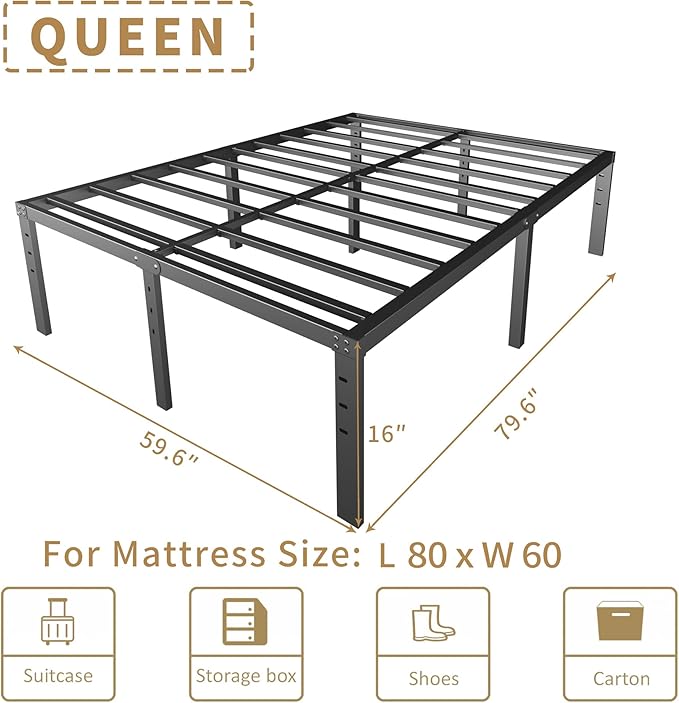 HOBINCHE 16 Inch Queen Size Bed Frame - No Box Spring Needed Heavy Duty Black Metal Platform Mattress Foundation, Non-Slip Noise Free Easy Assembly Steel Slats Bedframes with Cleance Storage
