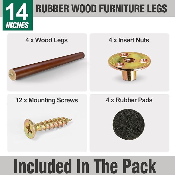 FoDau770 Brown Rubber Wood Furniture Legs 14 Inches, Straight Tapered Wood Feet Mid Century Sofa Legs Set of 4, 5/16" UNC Furniture Feet for Cabinet Couch Dresser Chair Ottoman Table