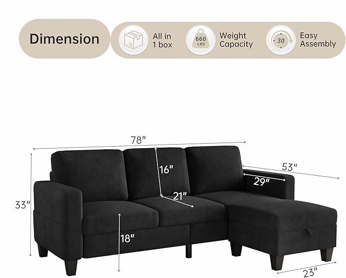 78" Sectional Sofa Couches for Living Room, Black Convertible L Shaped Couch with Storage Ottoman, Deep Seat Pet-Friendly Velvet Fabric Sofa Set for Small Space, Apartment, Dorm