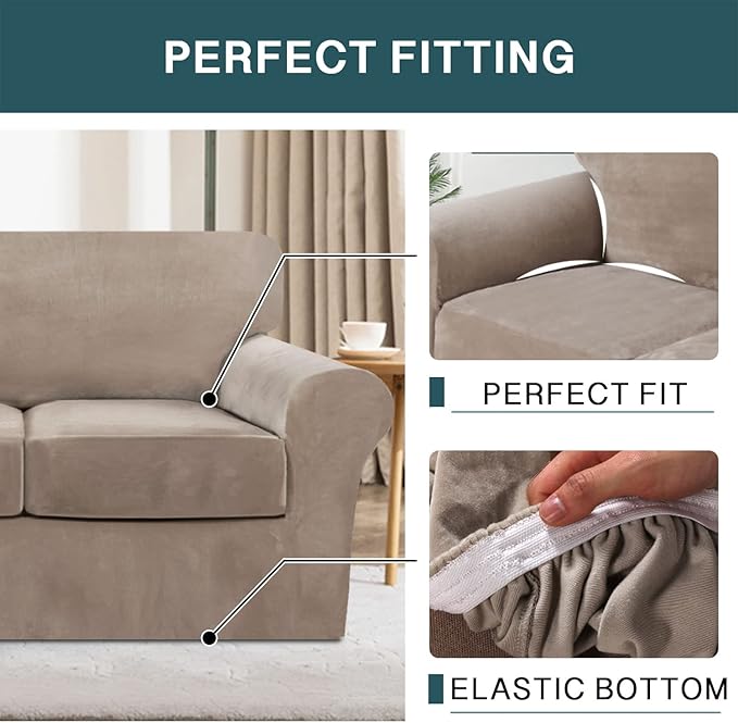 FantasDecor 4 Piece Sofa Velvet Couch Covers for 3 Cushion Stretch Slipcover with Individual Seat Cushion Elastic Furniture Protector for Pets, Machine Washable (Sofa, Taupe)