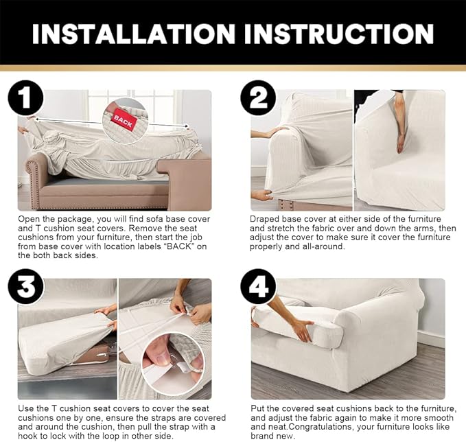 PrinceDeco T Cushion Sofa Slipcover 3 Pieces Sofa Covers for T Cushion Couch Soft Couch Covers Sofa Slip Cover Furniture Covers with 2 Individual T Shape Seat Covers Width Up to 88", Ivory