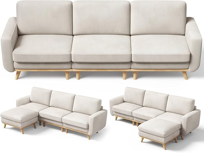Vesgantti L-Shaped Modern Sofa, Modular Sectional Cloud Couch with Ottoman, Comfy Corduroy Deep Seat Sofa for Living Room, Bedroom and Apartment, Light Gray