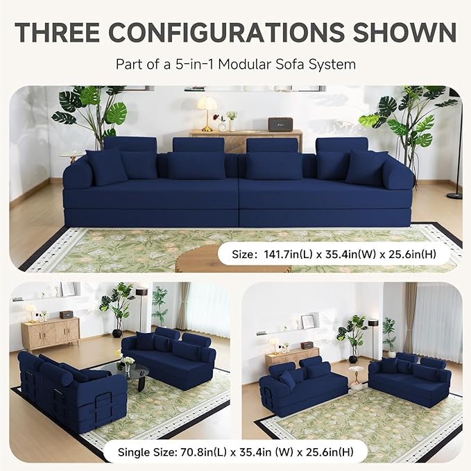 106” L Shaped Boneless Sectional Couch, Two 70.87” Pieces Convert to 141.7” Extra Long Straight Sofa, Corduroy Couch in a Box with Headrest and Back Pillows for Apartment Living Room, Dark Blue