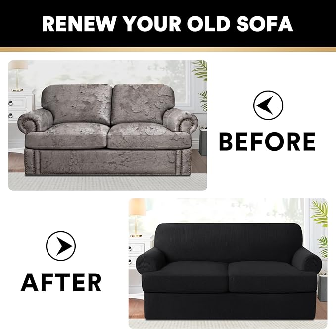 PrinceDeco T Cushion Loveseat Slipcover 3 Pieces Sofa Covers for T Cushion Sofa Stretch Slip Covers for 2 Cushion Couch with 2 Individual T Shape Seat Covers Width Up to 72"- Washable, Black