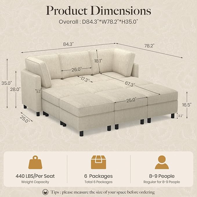 Belffin 84.3" 9 Seats Sleeper Sofa Modular Sectional Sofa Washable Sectional Couches for Living Room Comfy Couches with Storage Seat Couch Sofas with Chaise,Beige