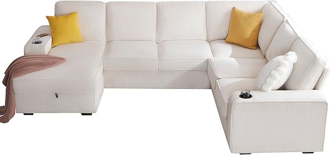 PaPaJet U Shaped Sofa, 7 Seater Sofa with USB Ports, Sectional Sofa Couch with Storage Chaise, Corduroy Beige