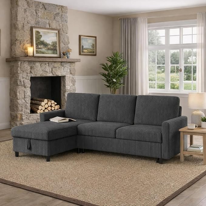 JAMFLY Pull Out Sleeper Sofa Bed with Storage Chaise, L-Shaped Corduroy Sectional Couch, 3-Seater Convertible Sofa with Hidden Storage for Small Living Room, Apartment, Office, Grey