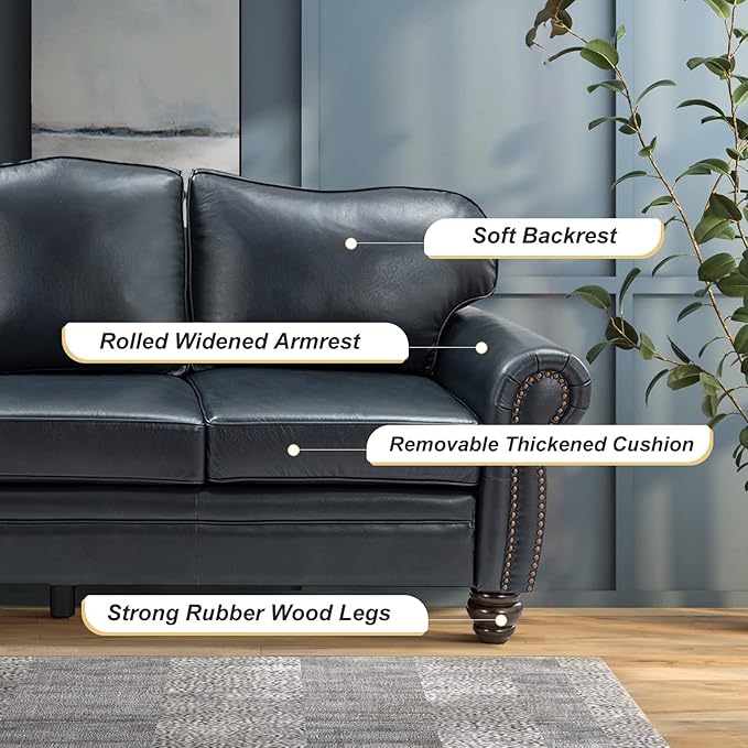 HULALA Home 81'' Genuine Leather Sofa with Removable Cushion, Mid-Century Modern Living Room 3-Seater Couch, Full Grain Leather Couch with Nailhead Trim and Rolled Arm for Bedroom Apartment, Navy