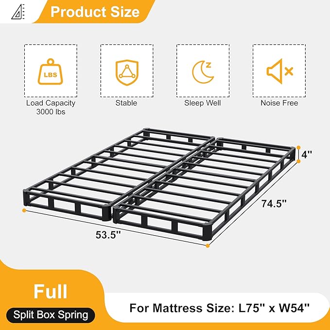 Lutown-Teen 4 Inch Split Box Spring Full Size Bed, Heavy Duty Metal Full Size Box Spring Only Mattress Foundation with Fabric Cover, Easy Assembly, Noise Free