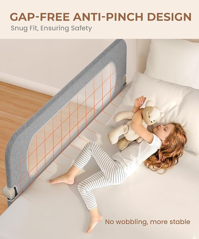 Bed Rail for Toddlers,Foldable & Swing Down,Gap Free Safety Anti-Pinch Double Crossbar Bed Guard More Stability,Quick No-Tool Installation for Twin, Full, Queen, King Beds (Gray, 59in)