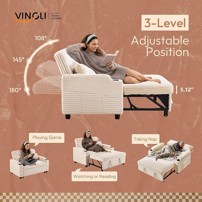 VINGLI Beige Futon Sofa Bed Convertible Loveseat Sleeper Sofa Couch, Corduroy Pullout Sofa Fold Out Couch Bed with USB Ports, Cup Holders, Armrest for Living Room, Bedroom Apartment Room | Loveseat Sleeper