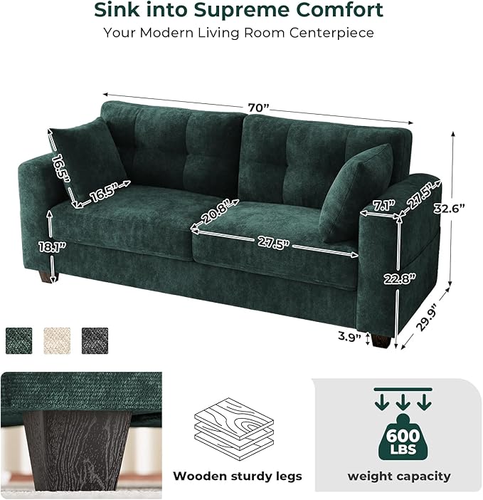 70" Loveseat Sofa for Living Room, Modern Chenille Cloud Couch with USB/Type-C Charging Ports, Side Pockets, Removable Cover, Wide Armrests, Small Couch for Small Space, Easy Assembly, Green