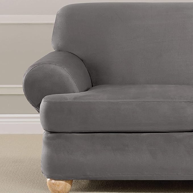 SureFit Home Décor SF44485 Ultimate Stretch Suede Individual Cushion Loveseat Slipcover, Form Fit, Polyester/Spandex, Machine Washable Three Piece Slate Gray Color