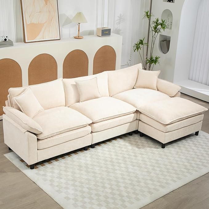 Oversized Modular Sectional Sofa, 111.8 Inch L Shaped Cloud Couch Set, 3-Seat Comfy Convertible Sofa with 1 Movable Ottoman, DIY Combination Sleeper Couch for Living Room(Chenille, Beige)