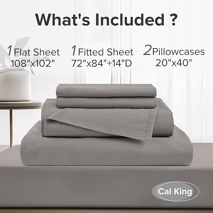 Comfort Spaces 100% Cotton Sheets Cal King, Breathable & Soft Cotton Sheets, Naturally Cool Cotton Bed Sheets with 14" Elastic Pocket Fits up to 16" Mattress, All Season Sheet Set, Dark Gray 4 Piece