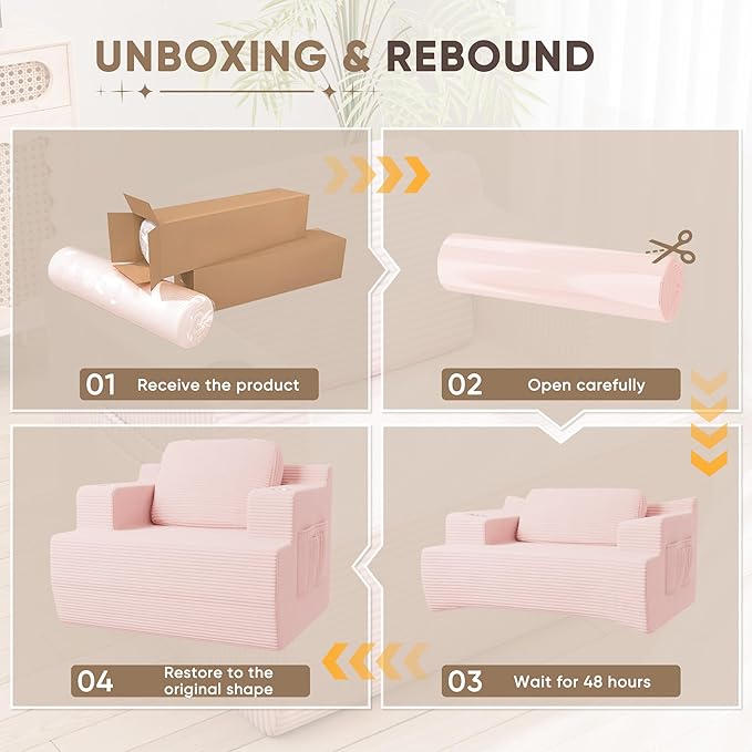 Homall 42” Single Sofa Foam Couch for Small Spaces Upholstered Floor Sofa with Cup Holder & Storage Pocket Boneless Couch for Bedroom Living Room (Pink, Single)