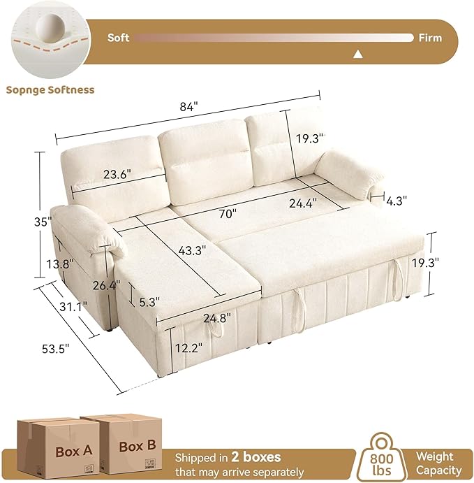 Tbfit 84'' Sleeper Sofa Bed, 3 in 1 Cloud Pull Out Sofa Couch with USB & Storage Chaise, Convertible Sofa Bed with Pull Out Bed, Couches for Living Room, Apartment, Office, White Sherpa