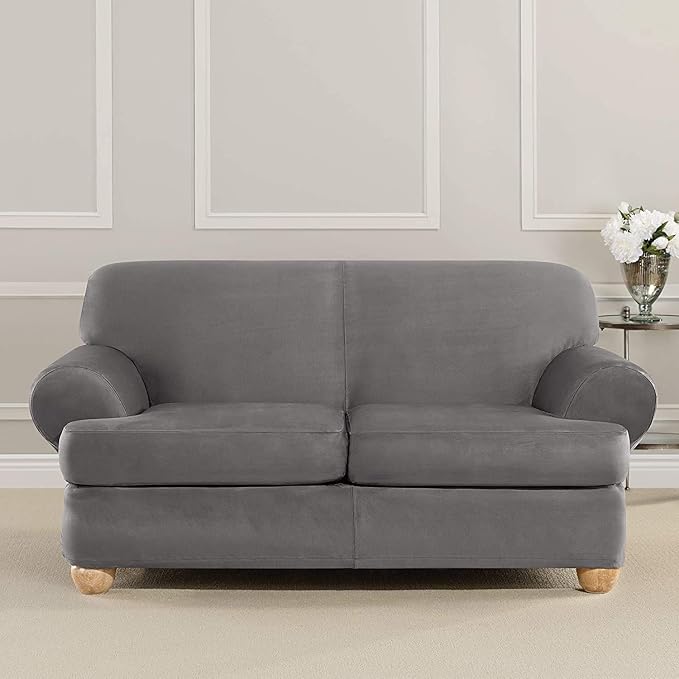 SureFit Home Décor SF44485 Ultimate Stretch Suede Individual Cushion Loveseat Slipcover, Form Fit, Polyester/Spandex, Machine Washable Three Piece Slate Gray Color