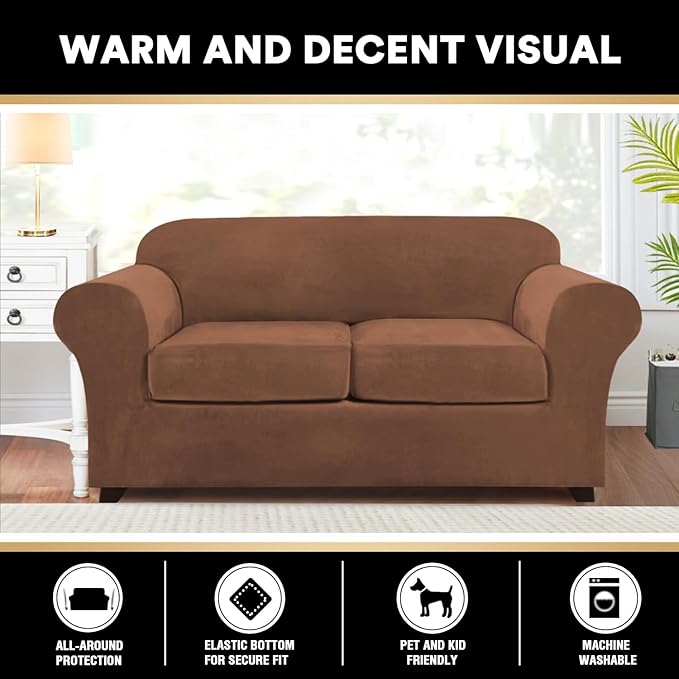 PrinceDeco Velvet Couch Cover Loveseat Covers for 2 Cushion Couch 3 Piece Sofa Covers for Dogs Washable Loveseat Covers Width Up to 72 Inch No Slip Stretch Sofa Slipcover(Medium, Caramel)