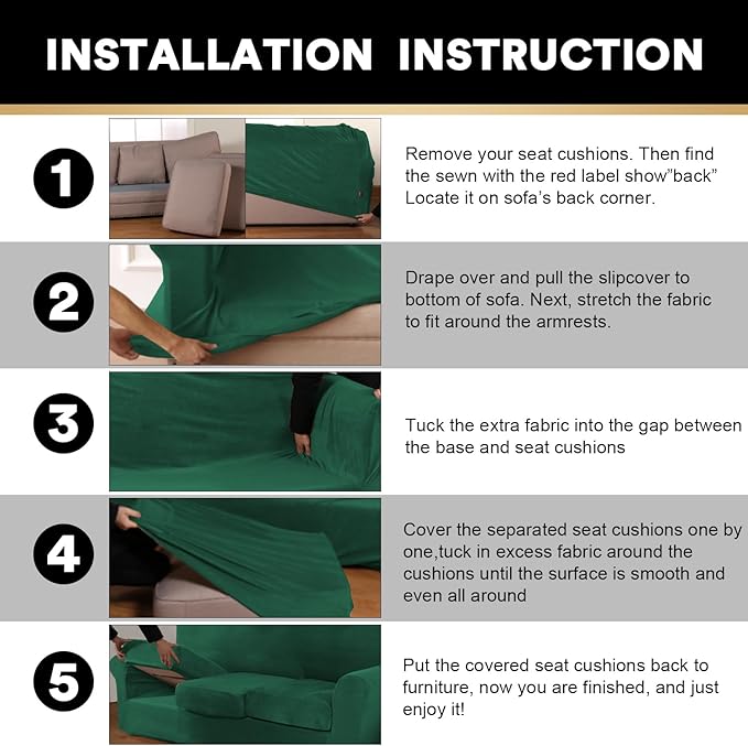 PrinceDeco 3 Pieces Sofa Covers Velvet Couch Covers for 2 Cushion Sofa Soft Sofa Covers for 2 Cushion Couch Width Up to 90 Inch Feature Thick Soft Stay in Plac(Medium-Large, Green)