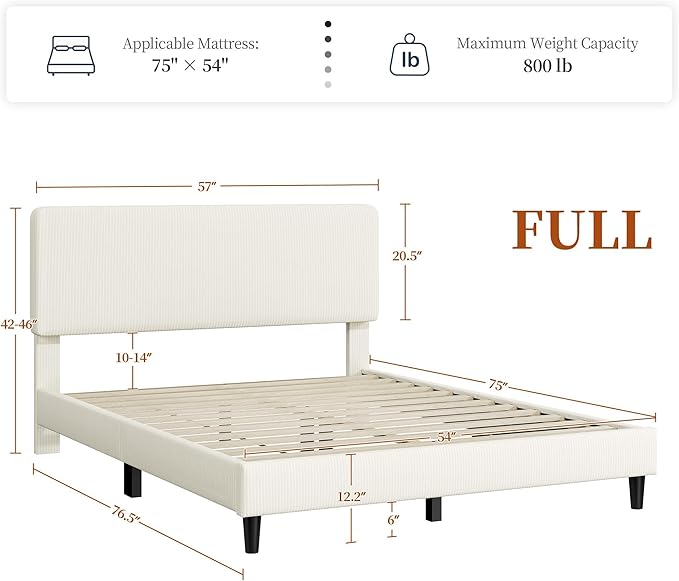 Yaheetech Full Size Bed Frame with Adjustable Headboard, Chenille Fabric Upholstered Headboard/Platform Bed, Full Bed Frame No Box Spring Needed/Wood Slats Support/Easy Assembly/Beige