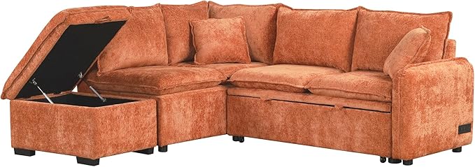 LUMISOL 82.7" Convertible Sleeper Sofa Bed with Storage Ottoman, L-Shaped Sectional Sofa with Pull Out Bed, USB Ports, Chenille Sleeper Sofa Couch with Chaise for Living Room, Orange
