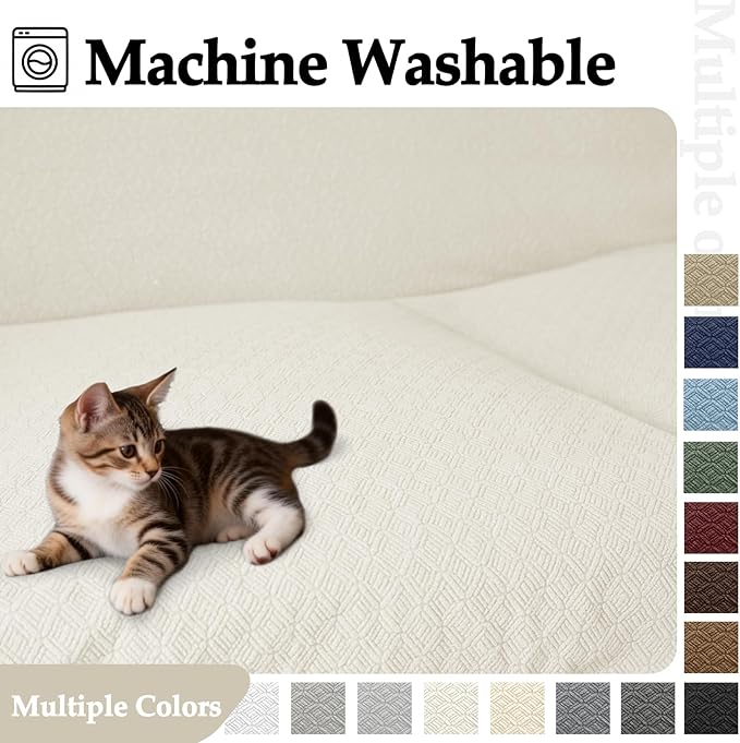 Waterproof Reclining Sectional Couch Covers Washable L Shaped Couch Cover for Sectionals Recliner Sofa Covers Stretch Corner Recliner Slipcovers for Dogs (5 Seater Cover, Cream)