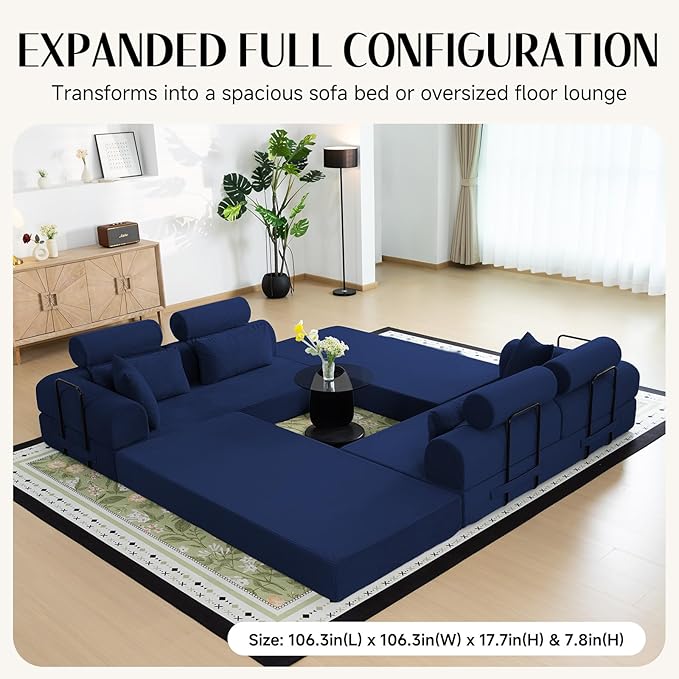 106" L-Shaped Modular Boneless Couch, 2-Piece System (2×70.87"), Convertible Sectional to 141.7" Straight Sofa, Corduroy Couch in a Box, Headrest & Back Pillows for Living Room, Navy Blue
