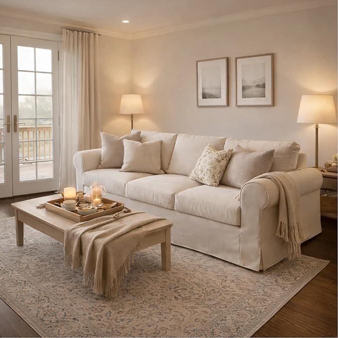 89" 3 Seater Sofa for Living Room, Deep Seated Comfy Couch High Back Suppor Removable Washable Couches, Modern Farmhouse Rolled-Arm Sofas - Beige