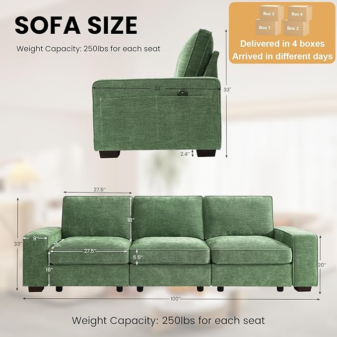 TEKAMON 100" Modular Sofa with Seats Storage, Comfy 3-Seater Chenille Fabric Couch for Living Room, Office, Apart W/Deep Seat, USB Charging, Upholstered Couch with Removable Cover(Green)