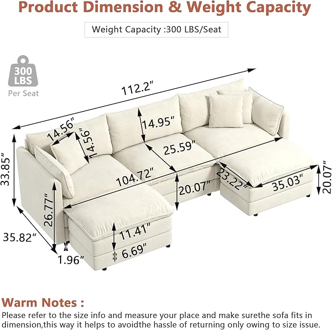 Setawix Deep 3 Seater Couch with Ottomans,112.2" U-Shaped Cloud Couches for Living Room,Chenille Cloud Sofa Couch with Deep Seat,Modular Sectional U Shape 3 Seat Sofa for Bedroom (Beige, 3+2)