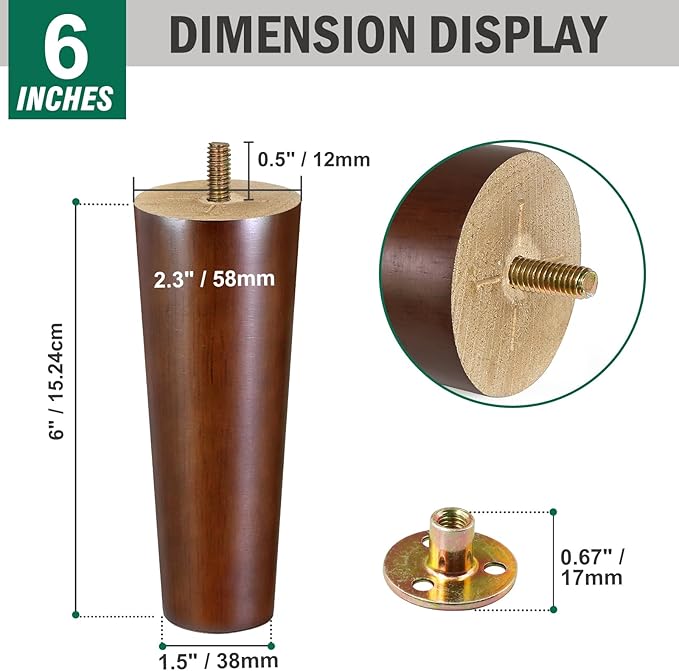 FoDau770 Brown Rubber Wood Furniture Legs 6 Inches, Straight Tapered Wood Feet Mid Century Sofa Legs Set of 8, 5/16" UNC Furniture Feet for Cabinet Couch Dresser Chair Ottoman Table