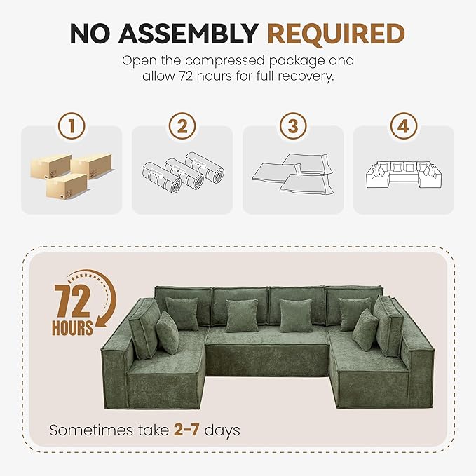 138'' Boneless Chenille U Shaped Couch, Oversized Modular Sectional 6 Seater Sofa, Modern Deep Seat Corner Cloud Compressed Couch, No Assembly Sleeper Sofa with Chaise for Living Room, Green