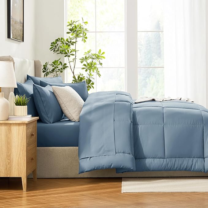 CozyLux Queen Comforter Set Mineral Blue, 7 Pieces Bed in a Bag, Blue Comforters Queen Size, All Season Bedding Sets with Stitch Quilted Comforter, Flat Sheet, Fitted Sheet, Pillowcases