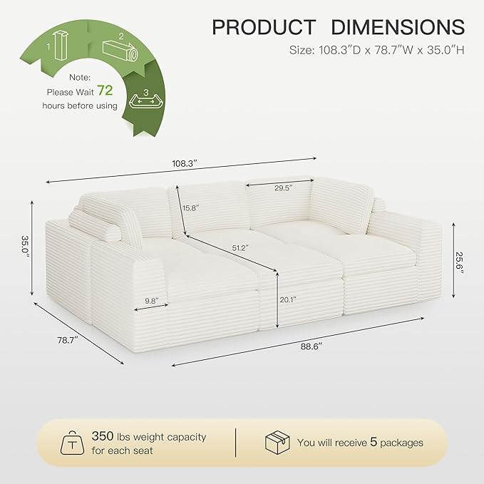 Cloud Sectional Sleeper Sofa Bed 6-Seater Plush Corduroy Modular Sectional Sofa Couches for Living Room with Ottoman. White Couch.