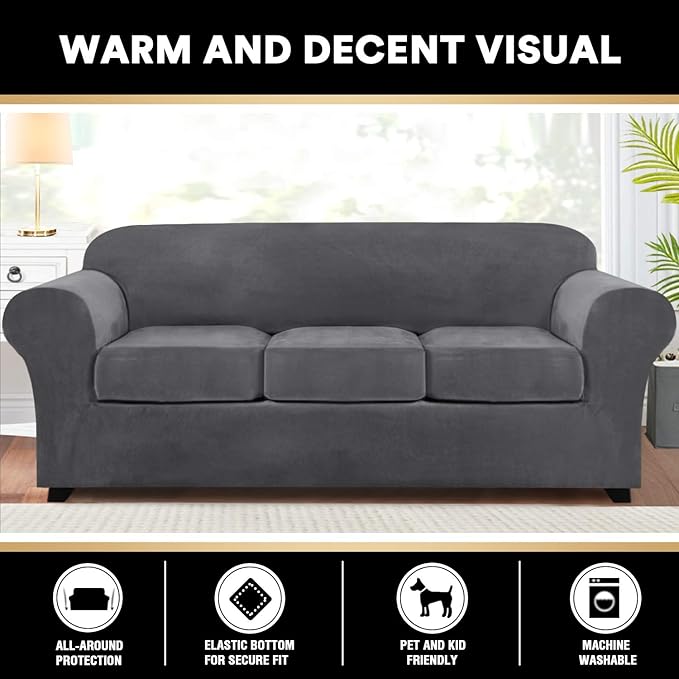 PrinceDeco Velvet Couch Covers for Sofa Soft 4 Pieces Couch Covers for 3 Cushion Couch Sofa Pet Friendly Furniture Protector with Non Slip Elastic Bottom Width Up to 90 Inch (Large, Grey)