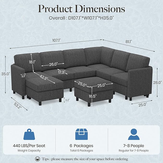 Belffin 107.1" 8 Seats U Shaped Couch Modular Sectional Sofa Seat Couch with Storage Comfy Washable Sectional Couches for Living Room Sofas Set with Chaise,Dark Grey