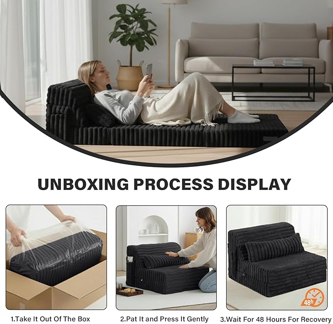 Tiita Folding Sofa Bed Single Size, Convertible Sleeper Chair Mattress with Pillow, Thick Corduroy Floor Mattress Couch Bed with Side Pocket, Guest Room, Dorm, Apartment, Black