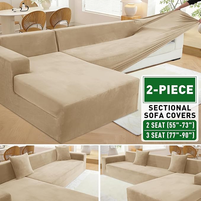 ZNSAYOTX 2026 Soft Velvet Sectional Couch Covers, Luxury Plush Slipcovers with Elastic Bottom for L Shape Sectional Sofa, 2 Pcs Pet Friendly Protector (3 Seat Couch + 2 Seat Chaise, Camel)