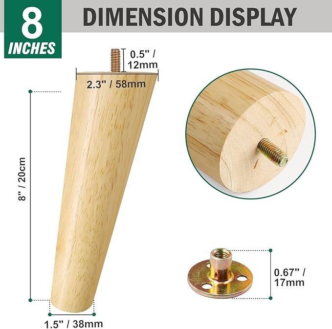 FoDau770 Rubber Wood Furniture Legs 8 Inches, Slant Tapered Wood Feet Mid Century Sofa Legs Set of 4, 5/16" UNC Furniture Feet Replacement Parts for Cabinet Couch Dresser Chair Ottoman Table