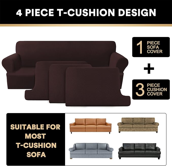 PrinceDeco T Cushion Sofa Slipcover 4 Pieces Sofa Covers for T Cushion Couch Soft Sofa Slip Covers Furniture Protector with 3 Individual T Shape Seat Covers (70"-88") Washable, Brown