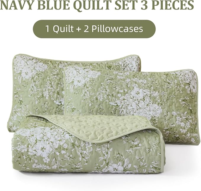 WONGS BEDDING Quilt Queen Size, Green Quilt Bedding Set with 2 Pillowcases, Botanical Quilt for Queen Bed, Soft Microfiber Lightweight Coverlet Bedspread for All Season (96"×90", 3 Pieces)