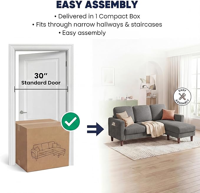 YESHOMY L-Shaped Sofa Couch, Small Couch with Reversible Chaise and Ottoman, Convertible Sectional Comfy 3 Seat Sofas with Side Pockets for Apartment and Living Room (Gray)