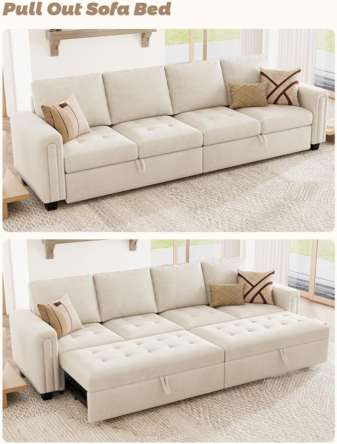 Belffin Modular Sectional Sleeper Sofa with Pull Out Bed Convertible Velvet Sleeper Sofa with Storage Sectional Couches for Living Room Beige