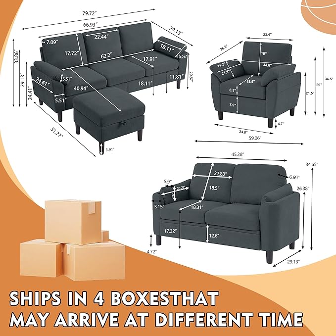 4 Piece Convertible Sectional Sofa Set, Modern Linen Small L Shaped Couch with Reversible Chaise, 3-Seater Sofa & Loveseat & Armchair for Living Room, Office, Apartment, Dark Grey