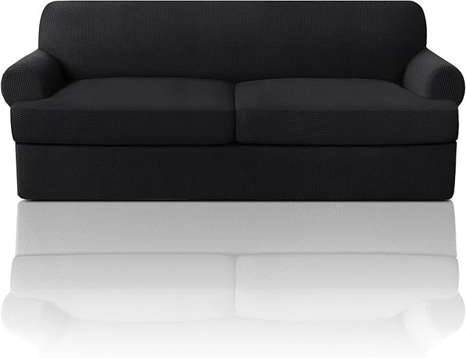 PrinceDeco T Cushion Sofa Slipcover 3 Pieces Sofa Covers for T Cushion Couch Soft Couch Covers Sofa Slip Cover Furniture Covers with 2 Individual T Shape Seat Covers Width Up to 88", Black