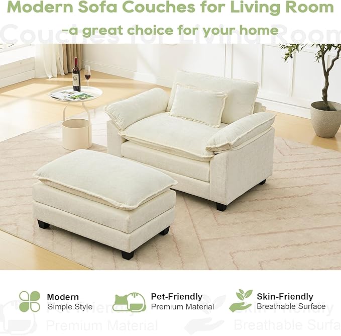 53" Modular Sectional Sofa, Comfy Cloud Couch Sectional Sofa with Ottoman, Chenille Sofa Sleeper Deep Seat Sofa with Throw Pillows for Living Room (Beige White)